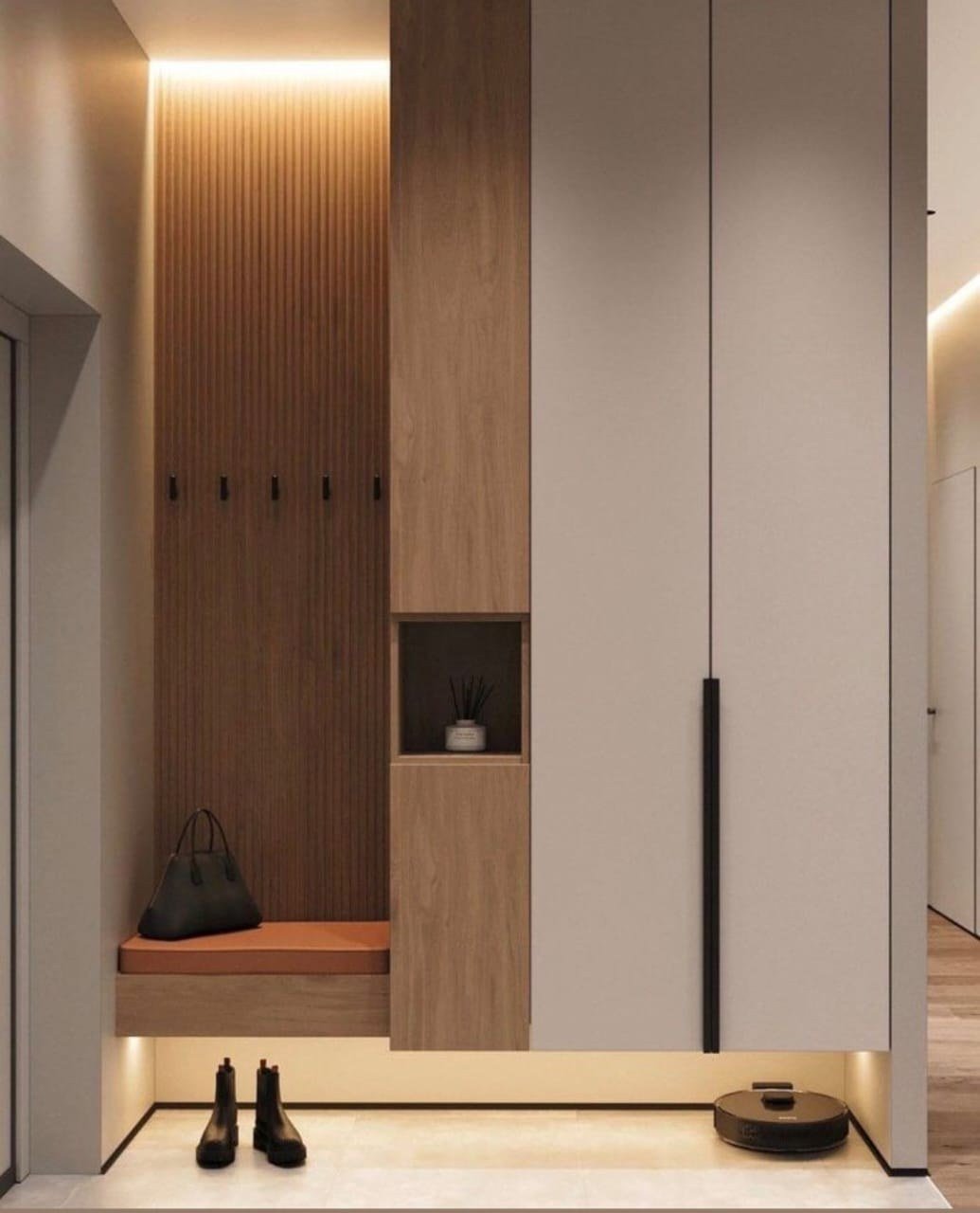Warm fluted timber entry built-in with bench